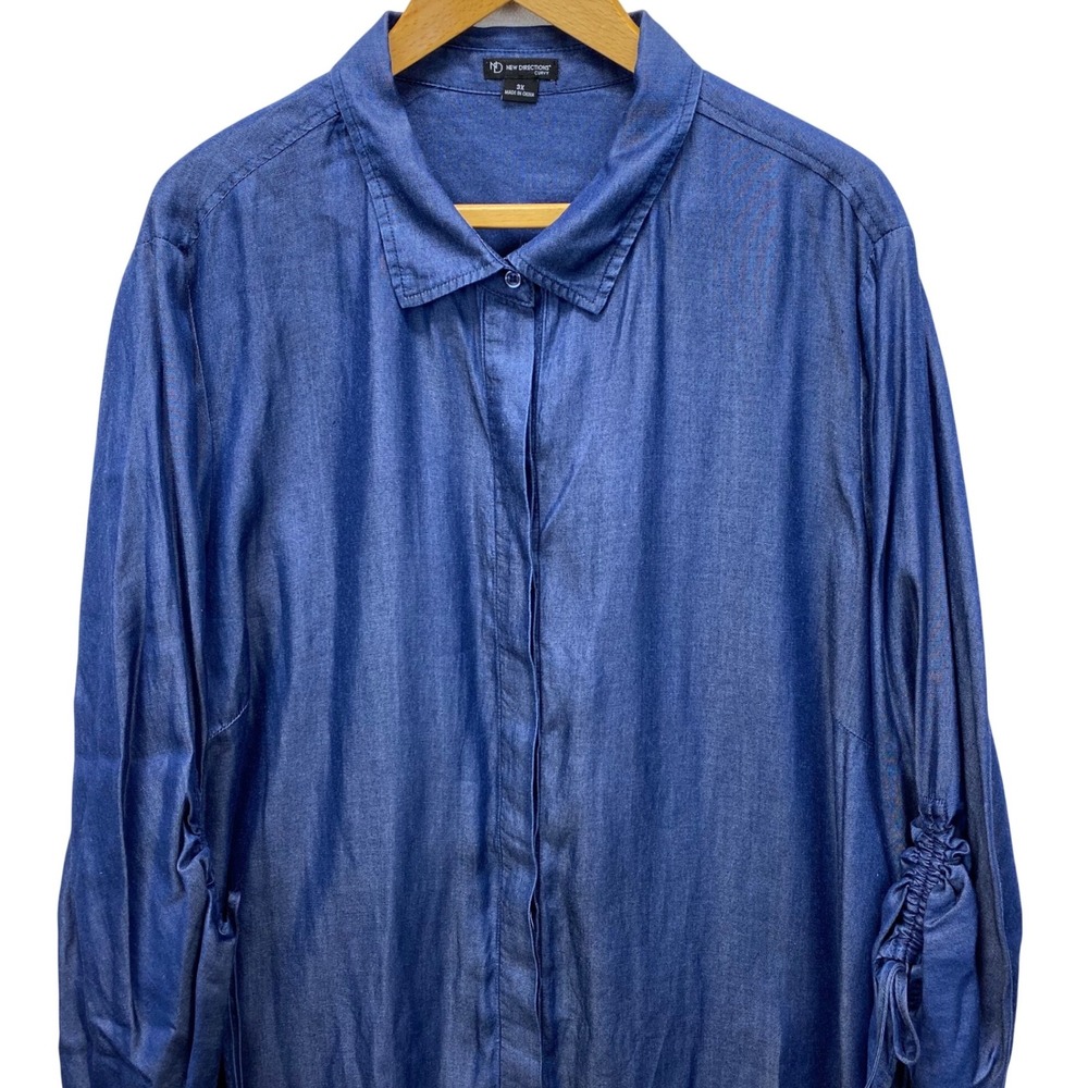 New Directions Button Down Women 3X Blue Ruched Sleeve Chambray Shirt New